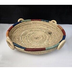 Handwoven Rwandan Banana Stalk & Sisal Basket with Four Ring Handles 12"